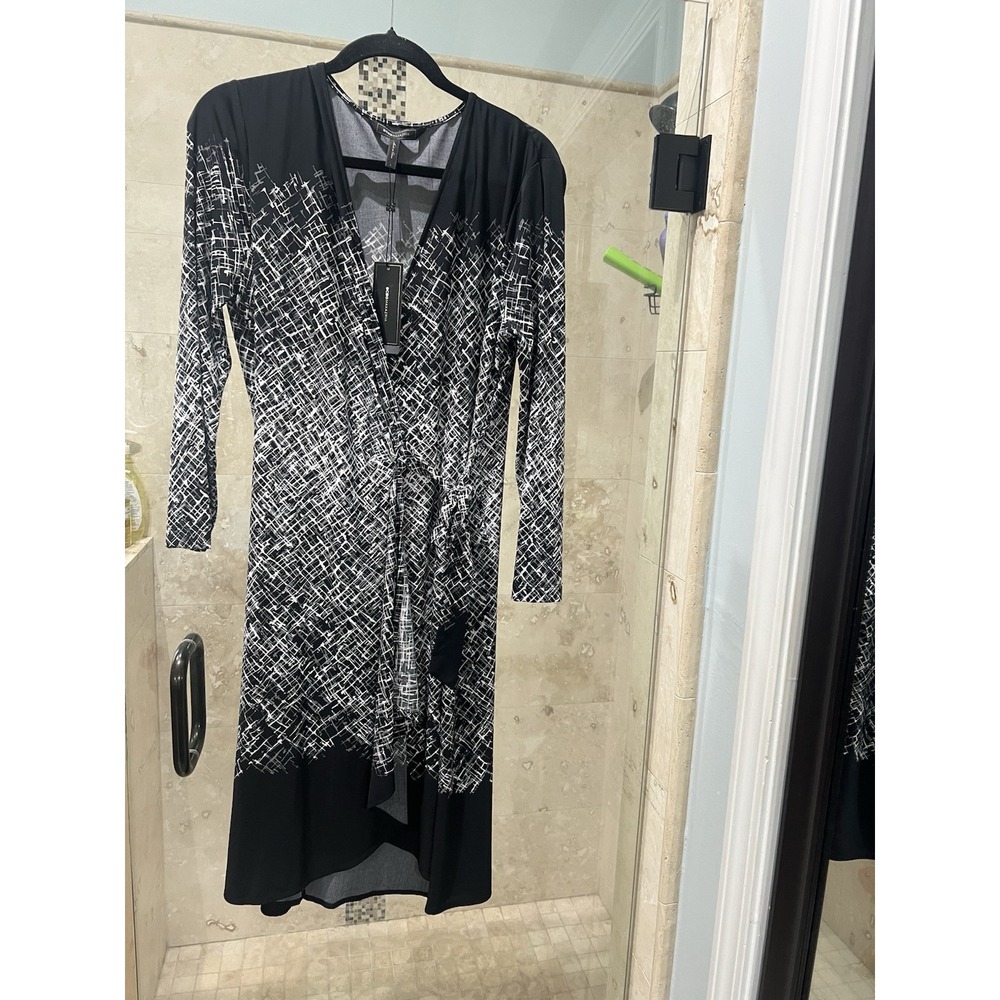 BCBG MAX AZRIA Adele Wrap Dress Black White Ikat Jersey 3/4 Sleeve Large NEW